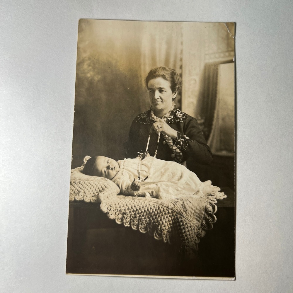 VTG 1908 Antique RPPC Real Photo Postcard Mother Baby Catholic Rosary Beads‎ USA